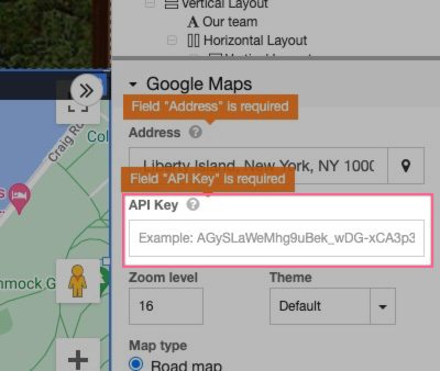 ProSite builder showing the API key field in the map widget settings