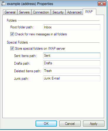 Completed IMAP settings screen in Windows Live Mail