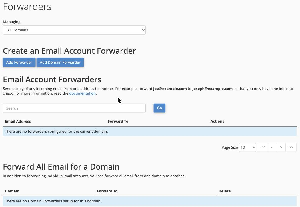 The Forwarders page, listing existing forwarders and the Domain Forwarders section