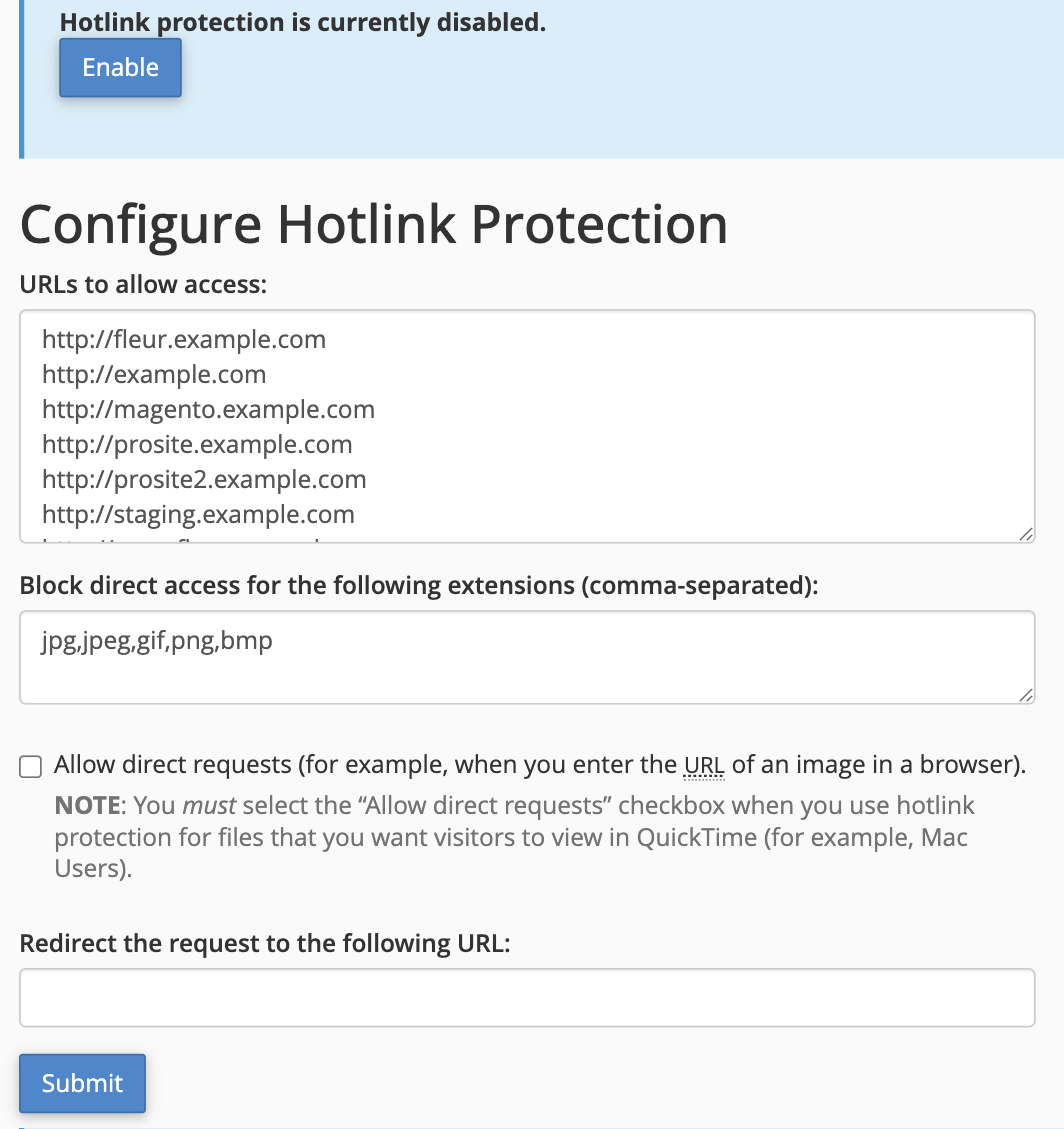 The Hotlink Protection settings in cPanel