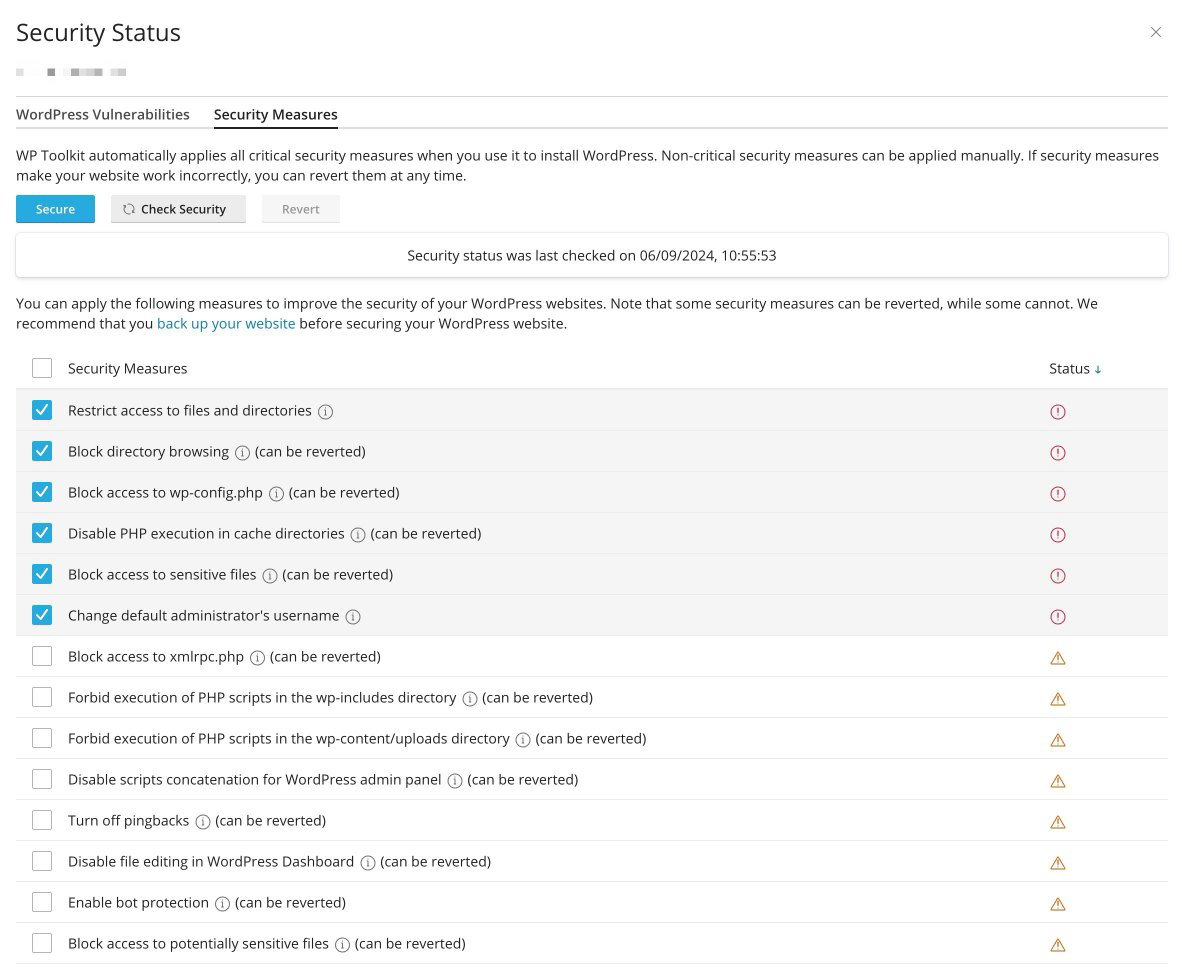 WP Toolkit Security Measures tab