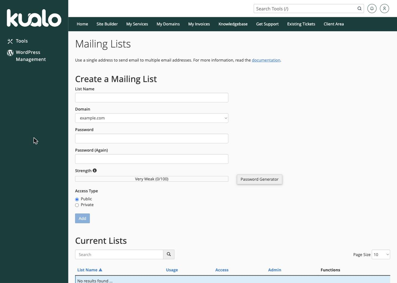 The Mailing Lists tool in cPanel