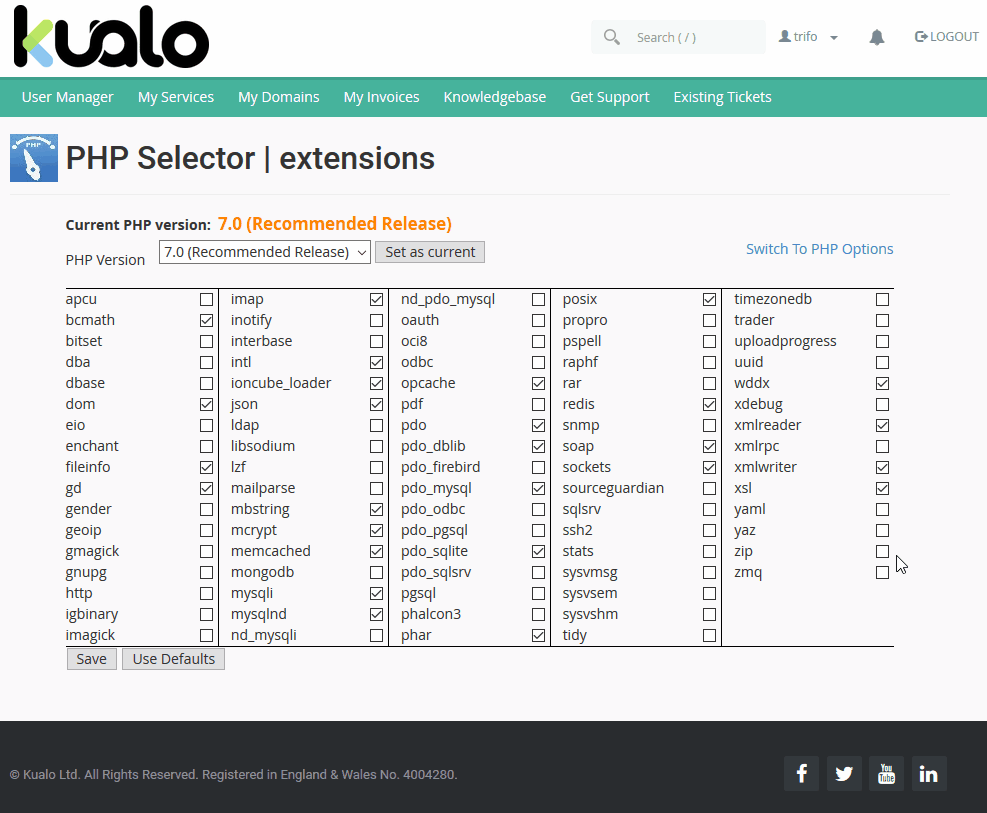 PHP Selector showing ZIP extension and memory limit settings