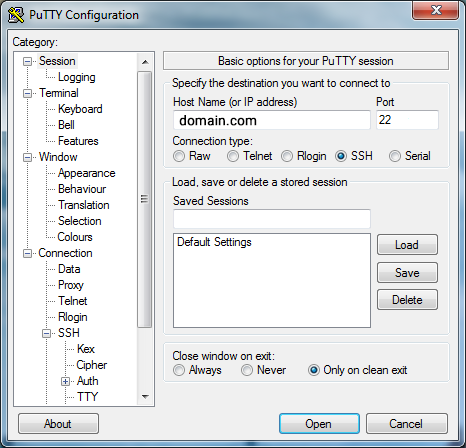 PuTTY Session panel