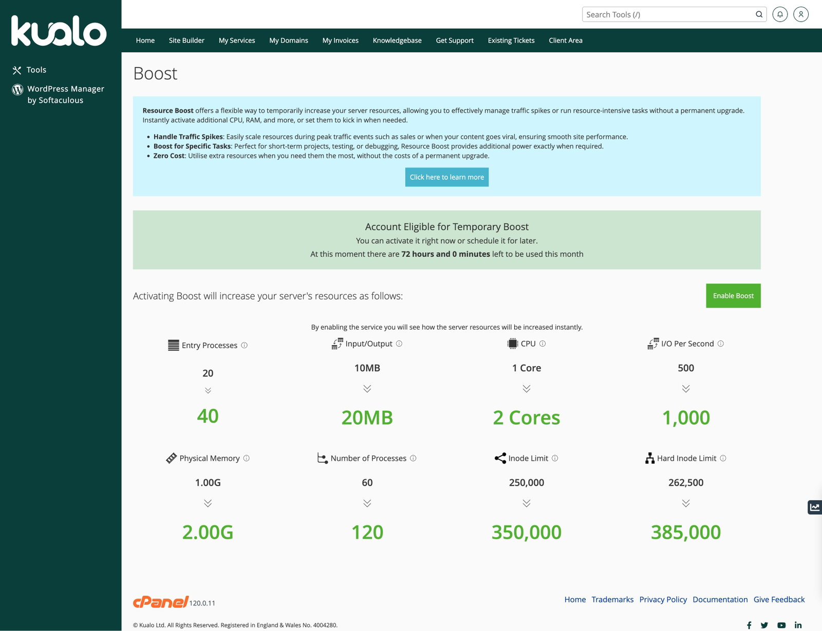 Resource Boost dashboard showing current and boosted resource limits