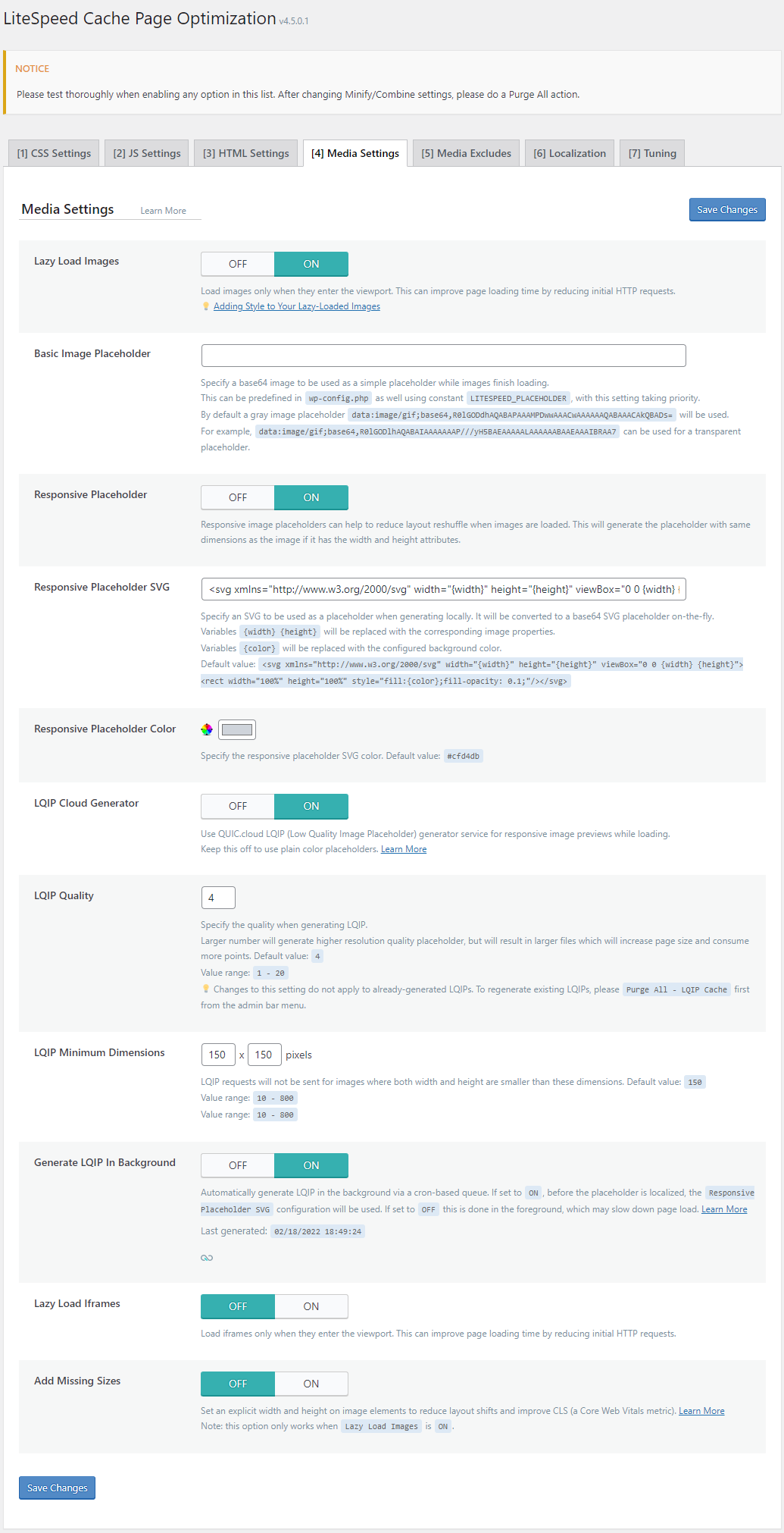 Media settings tab