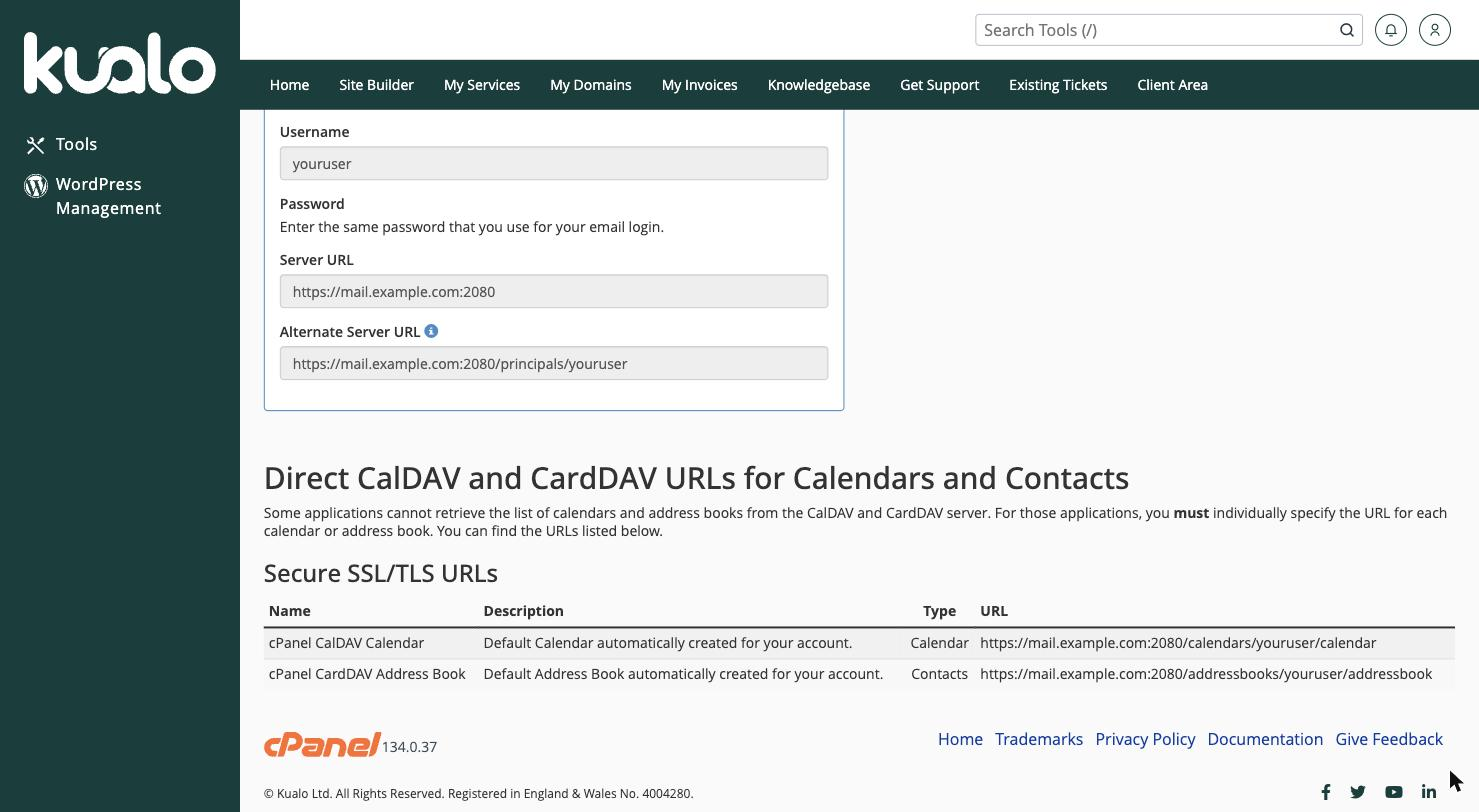 Direct CalDAV and CardDAV URLs in cPanel
