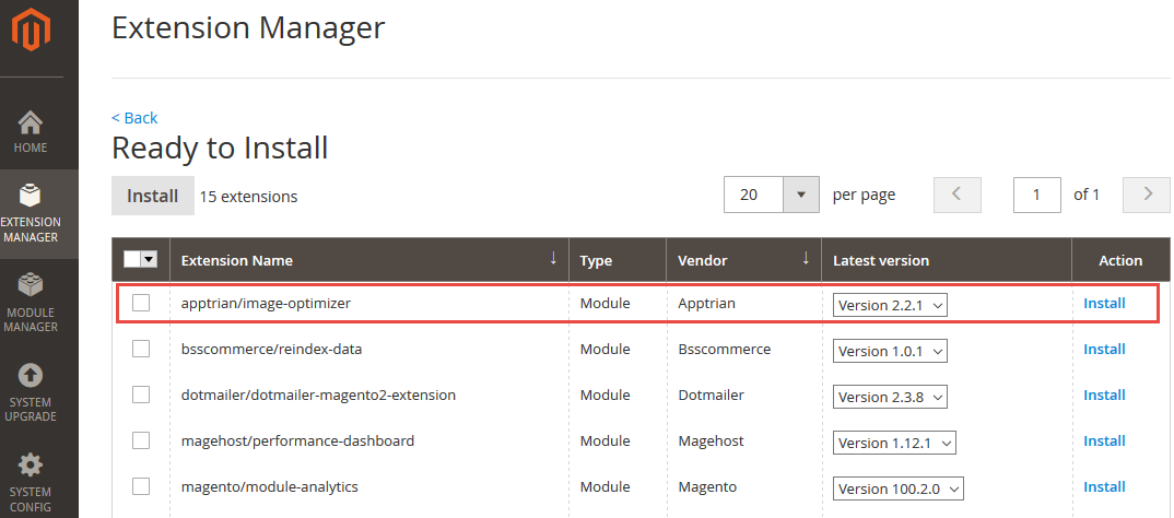 Extension Manager showing Image Optimizer