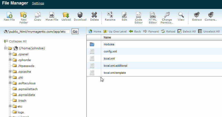 Opening local.xml in the cPanel code editor