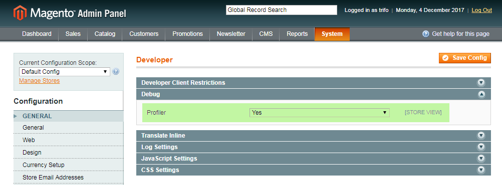 Profiler setting in Magento admin