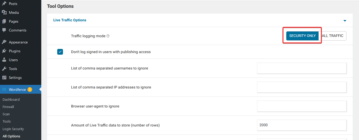 Traffic logging mode setting
