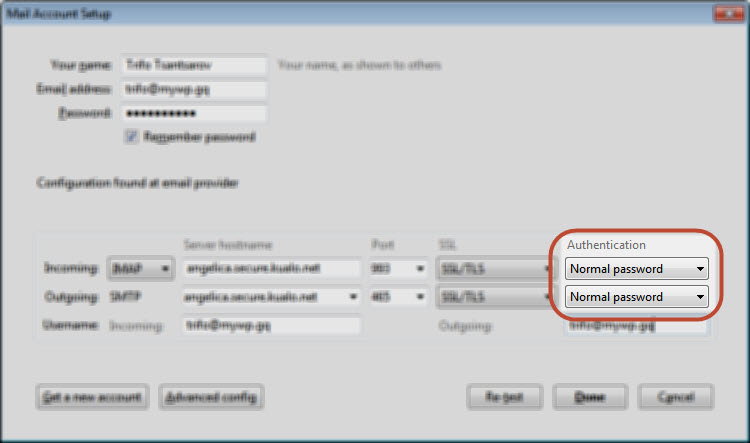 Thunderbird manual config screen with Authentication set to Normal password