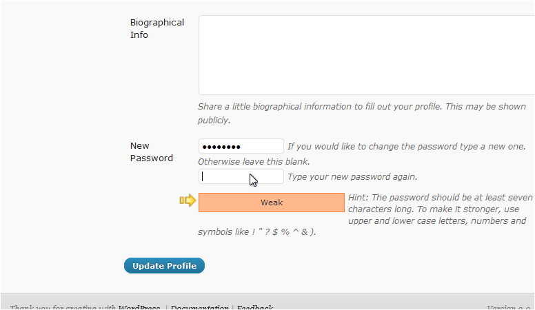 Password strength indicator and Update Profile button