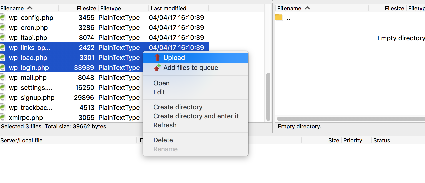 Right-click Upload option in FileZilla