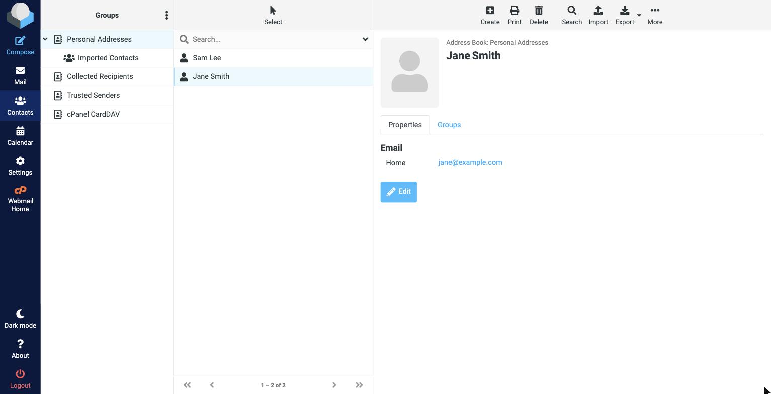 The address book in RoundCube