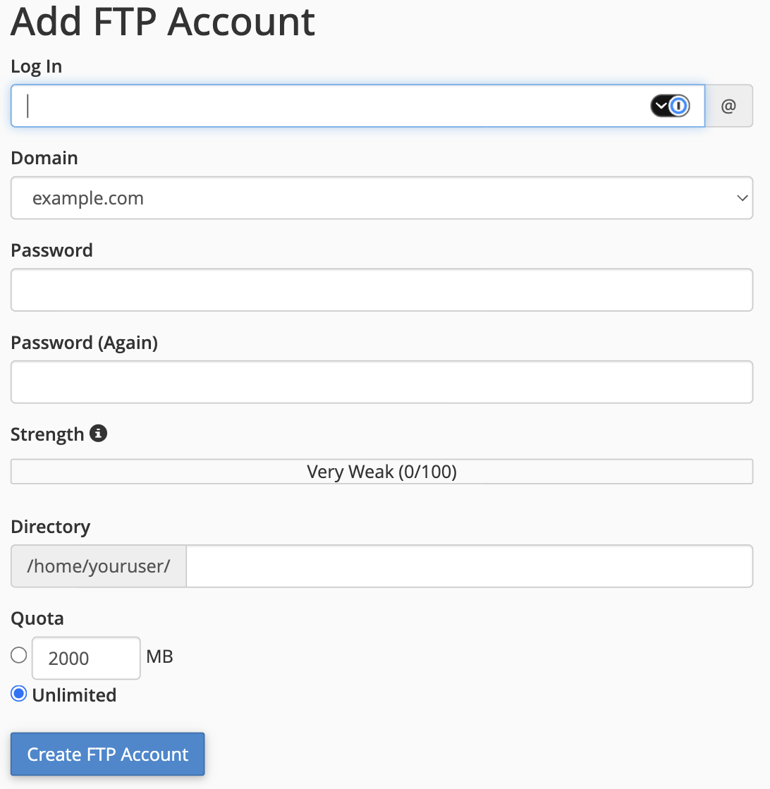 The Add FTP Account form in cPanel