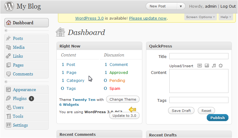 WordPress version shown in dashboard