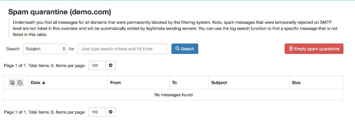 Spam quarantine screen