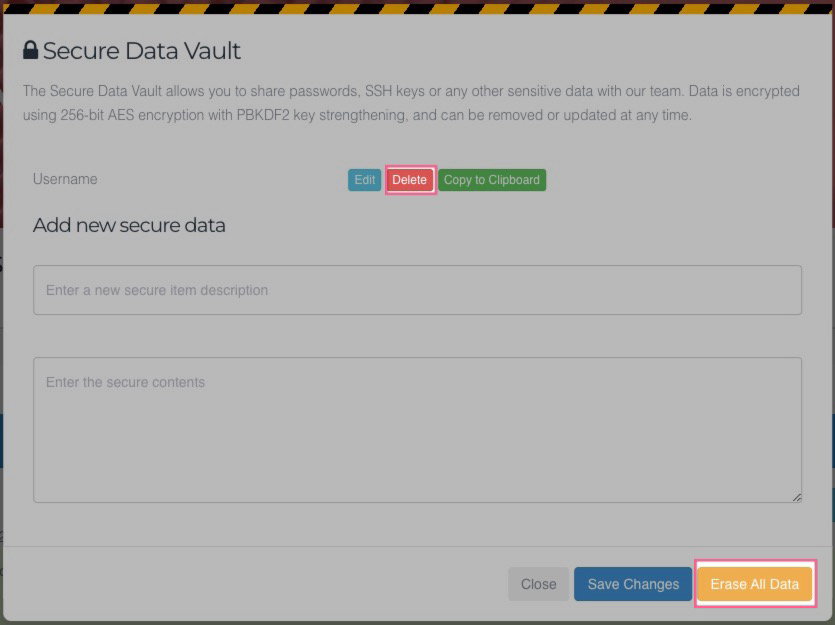 Delete and Erase All Data options in the Secure Vault