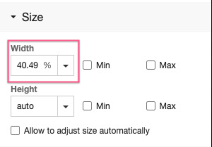 The Size pane showing min and max size controls