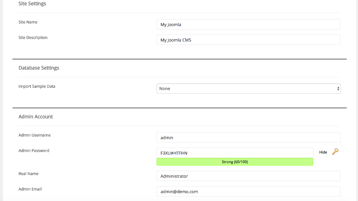 Joomla site settings in Softaculous