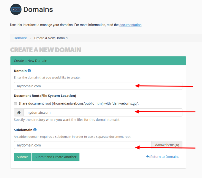 Document root options when creating a domain