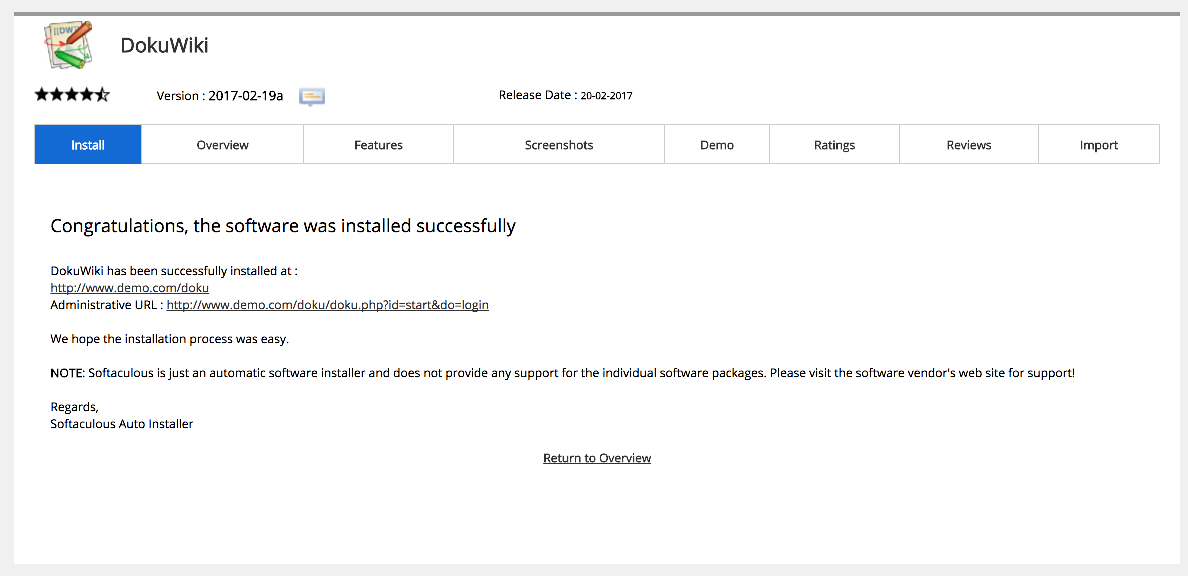 Softaculous installation complete screen with link to DokuWiki