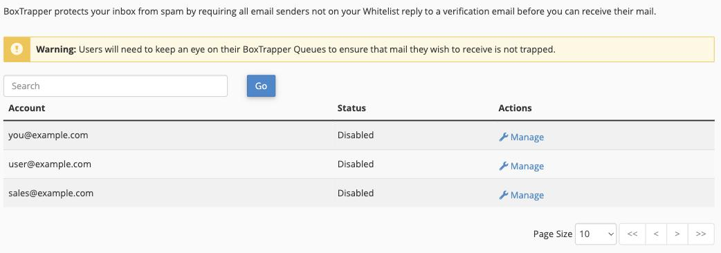 The BoxTrapper tool in cPanel listing email accounts