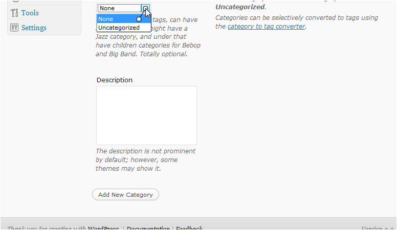 Parent category dropdown
