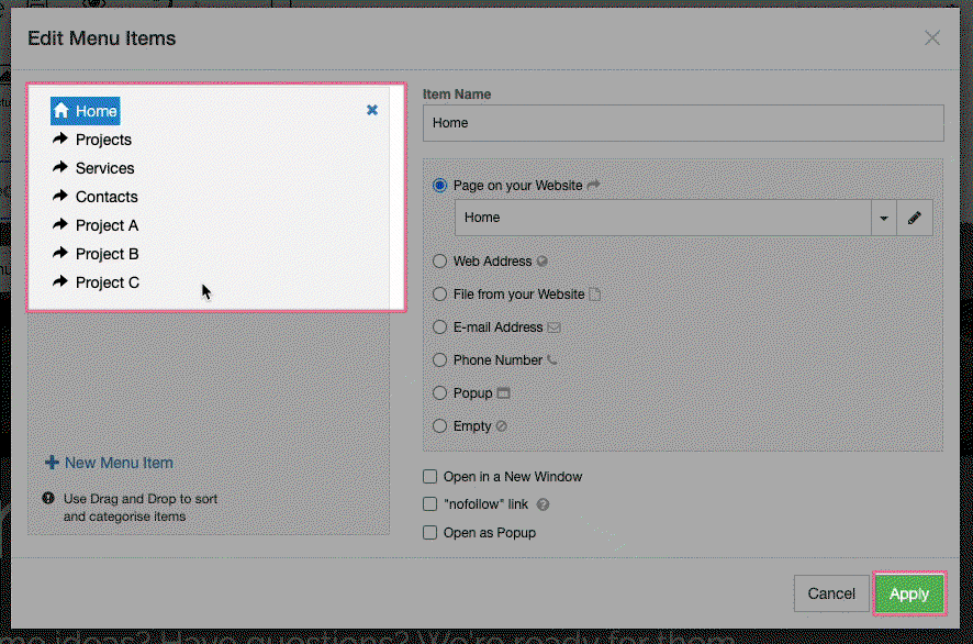 Drag and drop to create a sub-menu