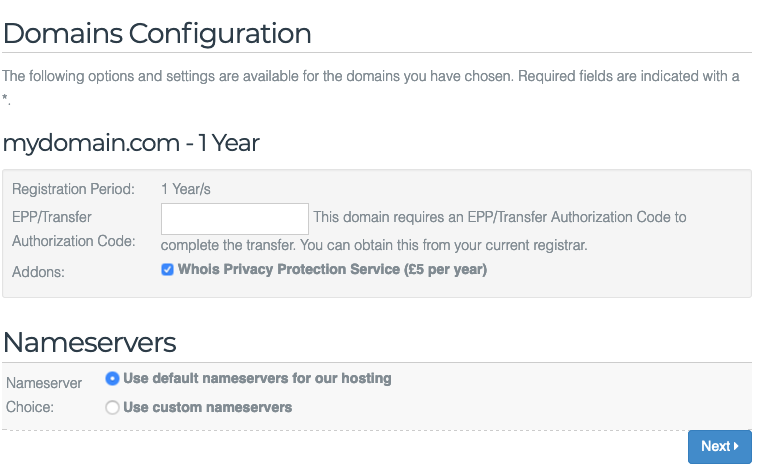 Domain configuration page showing EPP code field and nameserver options