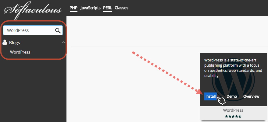 WordPress install button in Softaculous