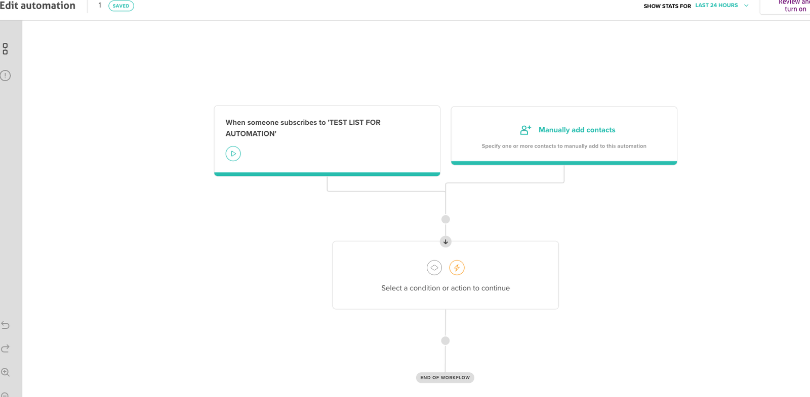 The automation workflow editor, showing the subscribe trigger and connected steps down to the end of the workflow
