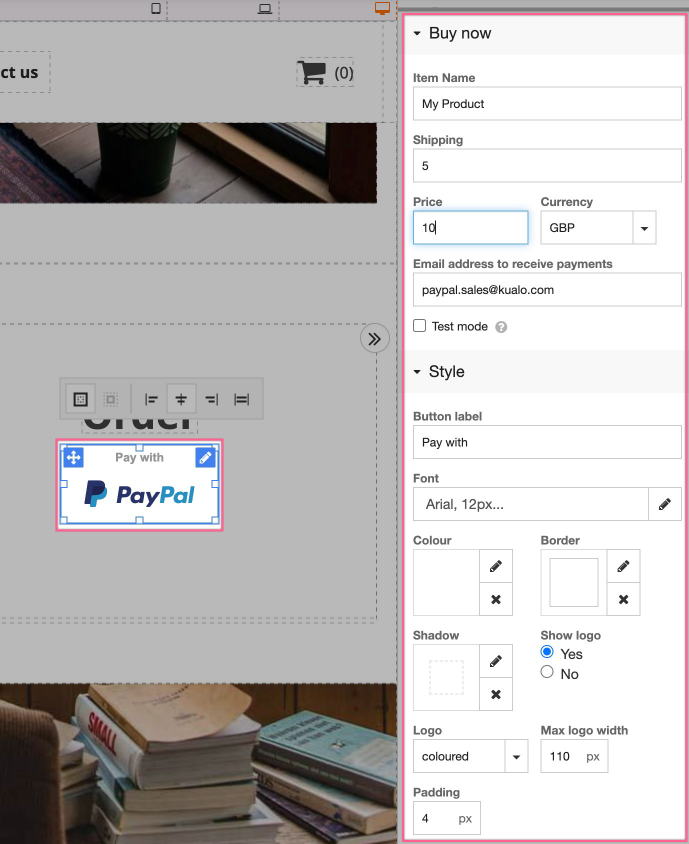 PayPal button configuration panel