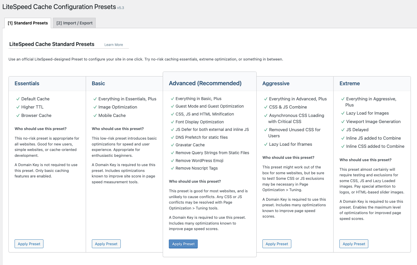 LiteSpeed Cache presets table