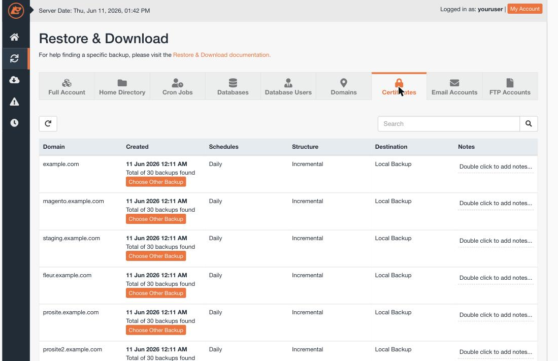 The Certificates tab in JetBackup