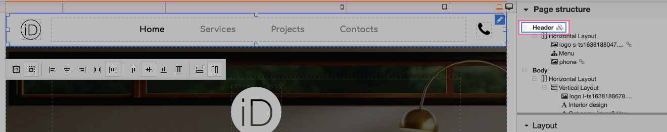 Selecting the Header element in the page structure tree