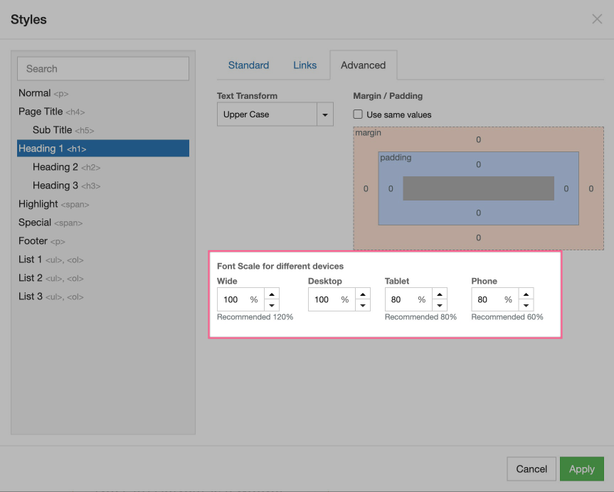 Advanced tab showing font scaling options per device