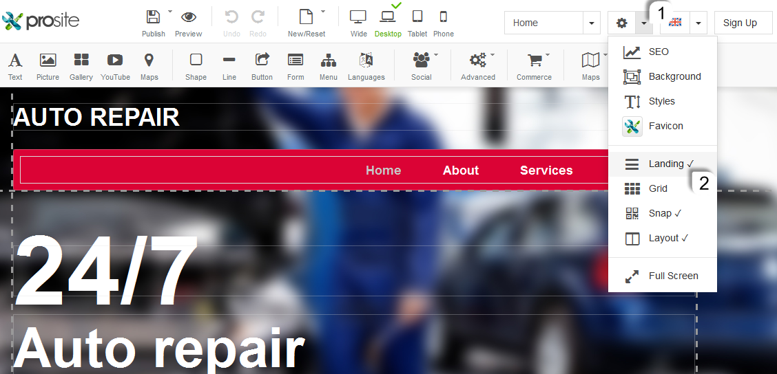 Landing page settings screen
