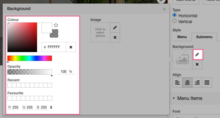 Selecting a background colour for the sub-menu