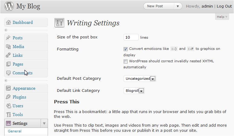 Writing settings page
