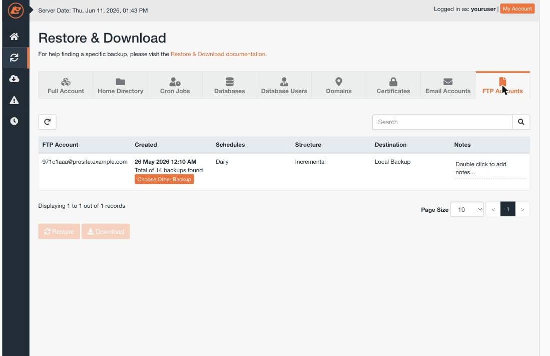 The FTP Accounts tab in JetBackup
