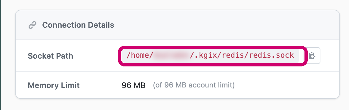 The Connection Details card with the Redis socket path highlighted