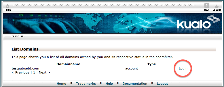 SpamExperts domain login screen