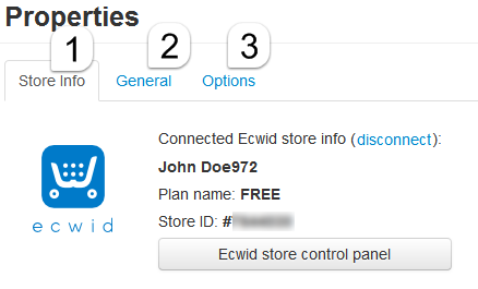 Ecwid Properties window