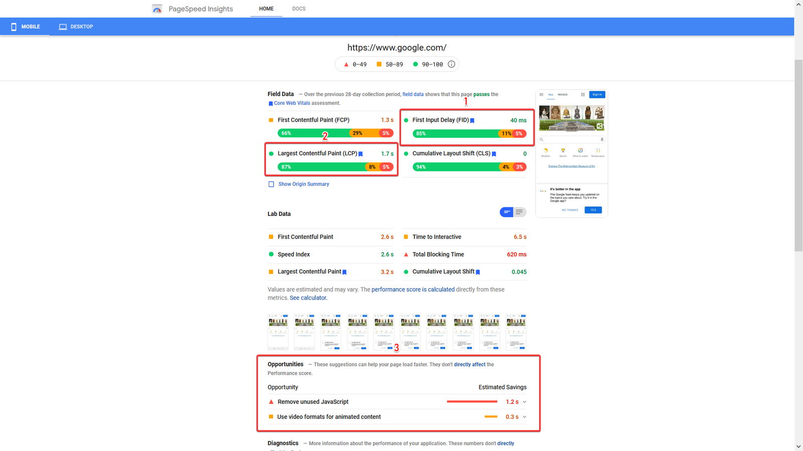 PageSpeed diagnostics