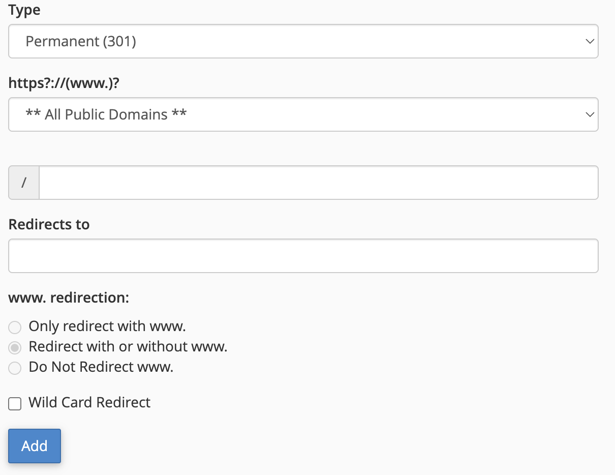 The Add Redirect form in cPanel