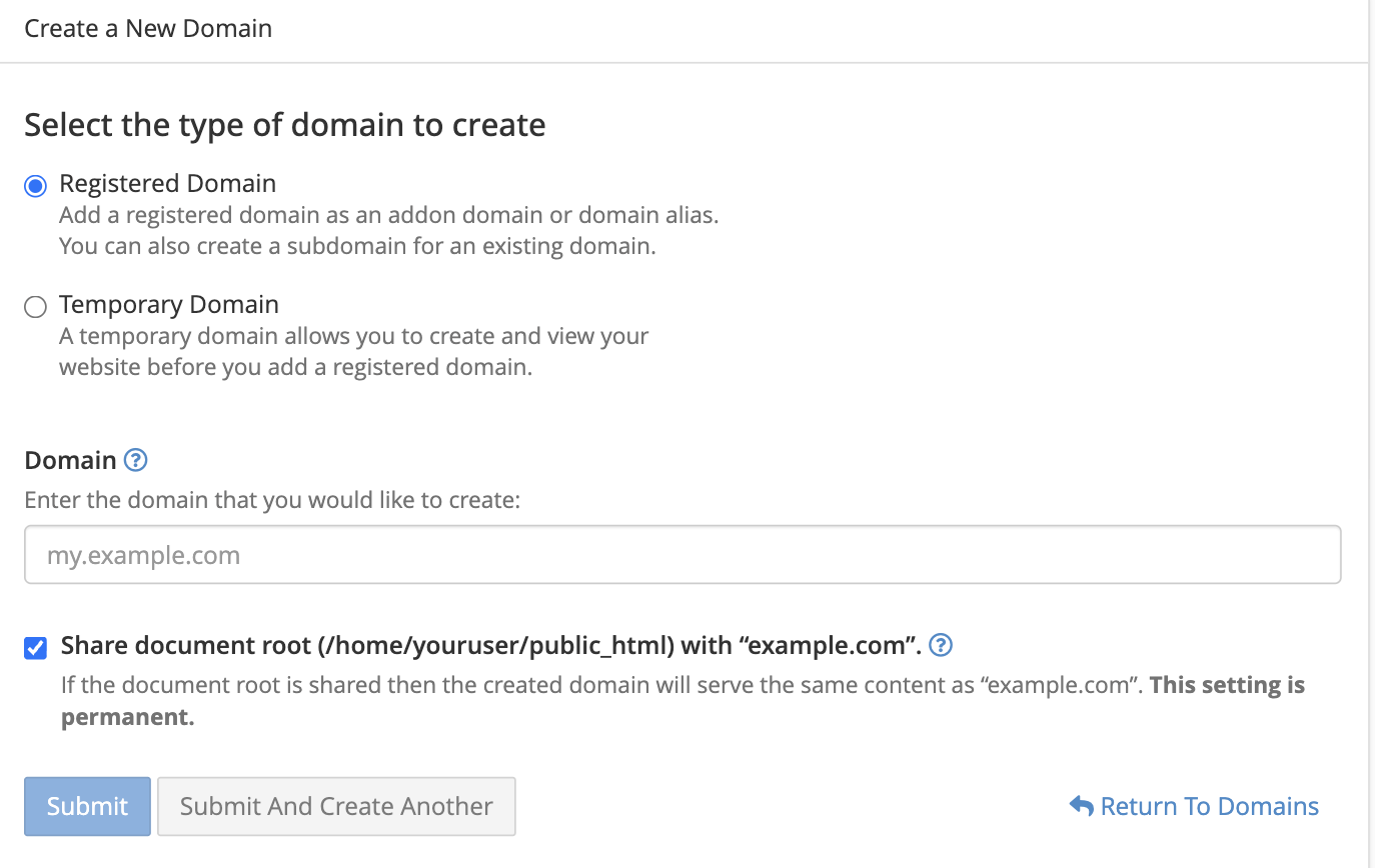 The Create a New Domain form, where you enter your subdomain