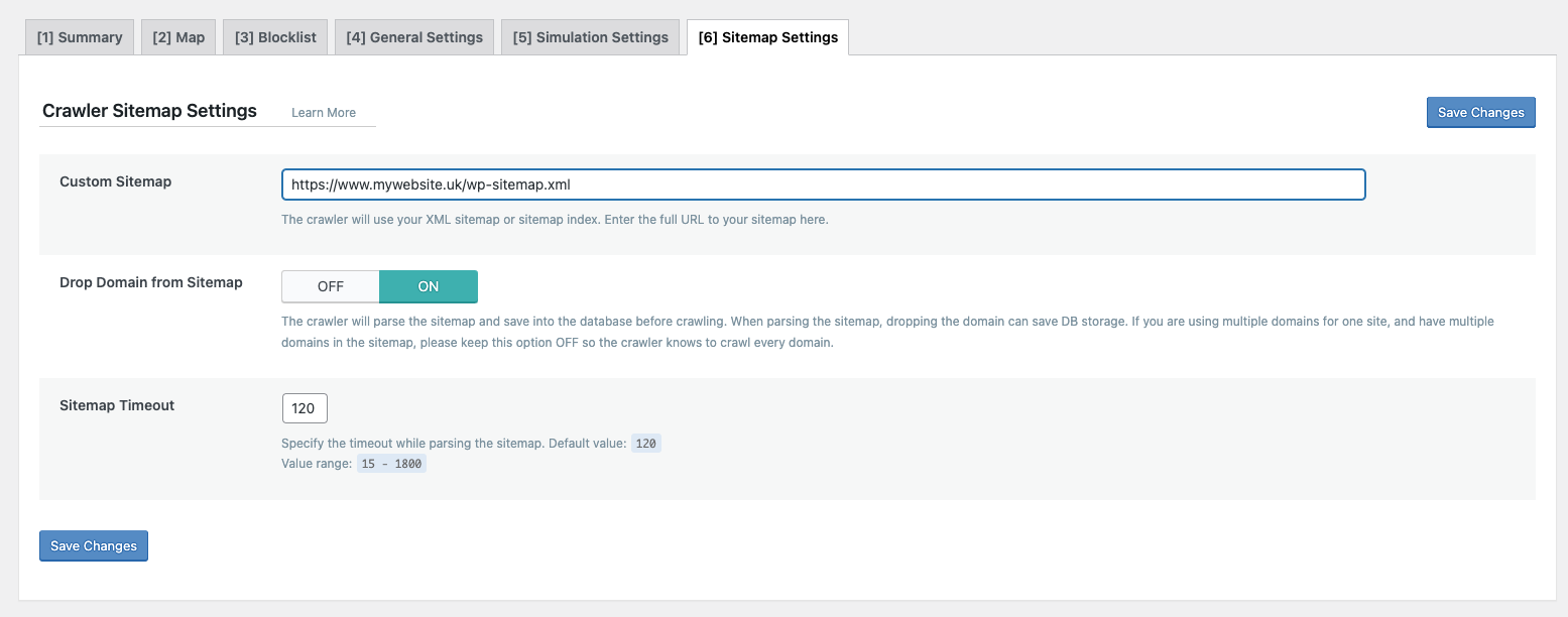 Sitemap settings tab