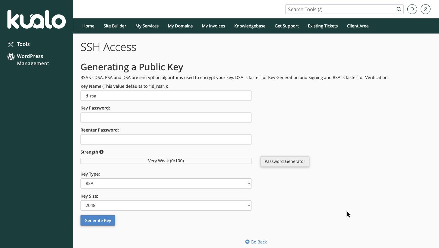 Generating a new SSH key in cPanel